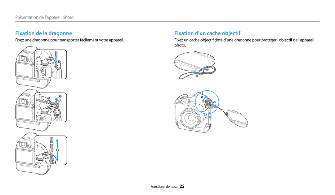 Samsung EC-WB2200BPBFR manual Fixation de la dragonne, Fixation d’un cache objectif 