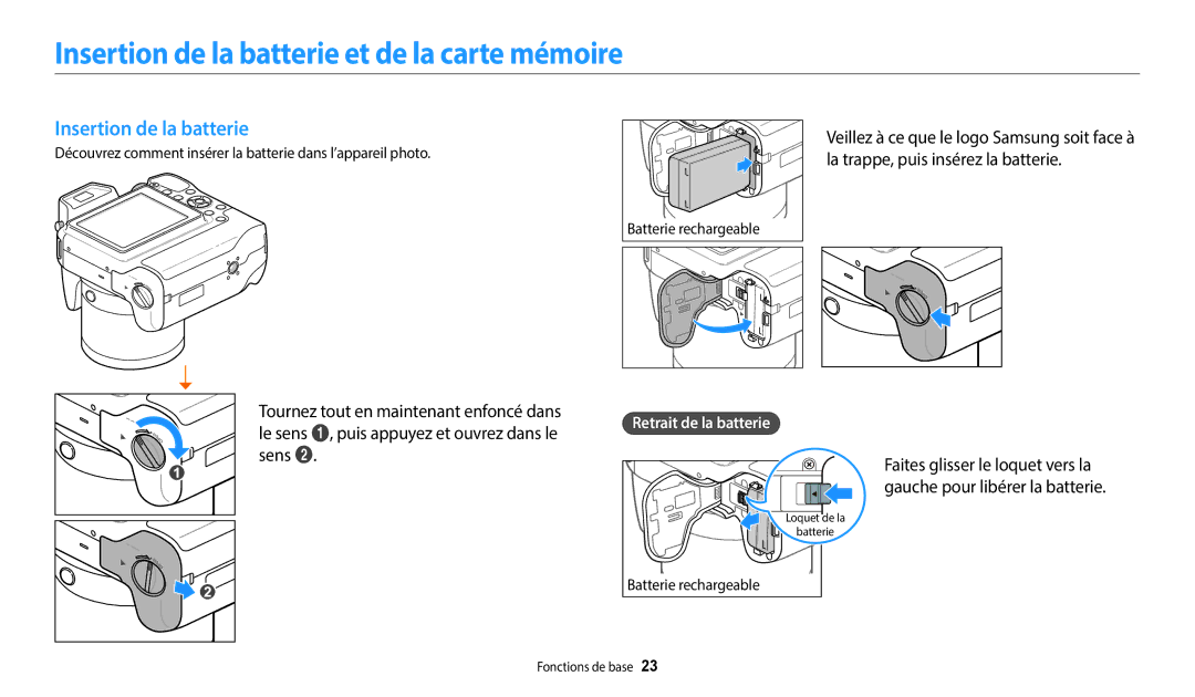 Samsung EC-WB2200BPBFR manual Insertion de la batterie et de la carte mémoire, Retrait de la batterie 