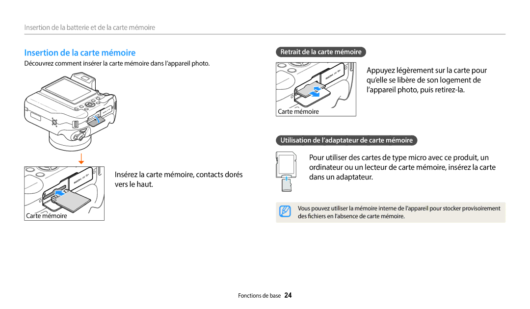 Samsung EC-WB2200BPBFR manual Insertion de la carte mémoire, Utilisation de l’adaptateur de carte mémoire 