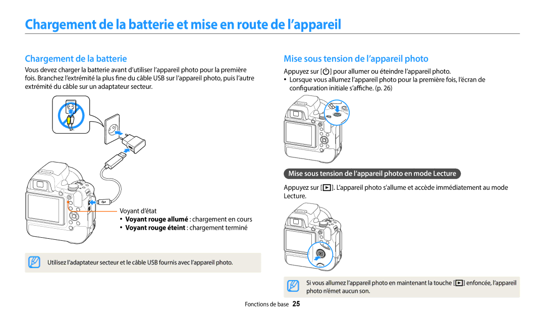 Samsung EC-WB2200BPBFR Chargement de la batterie et mise en route de l’appareil, Voyant rouge éteint chargement terminé 