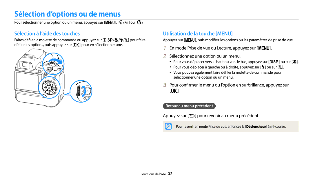 Samsung EC-WB2200BPBFR Sélection d’options ou de menus, Sélection à l’aide des touches, Utilisation de la touche Menu 