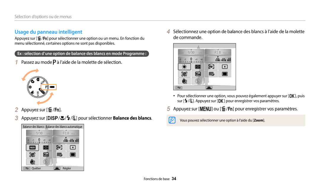 Samsung EC-WB2200BPBFR manual Usage du panneau intelligent, Appuyez sur m ou f/s pour enregistrer vos paramètres 