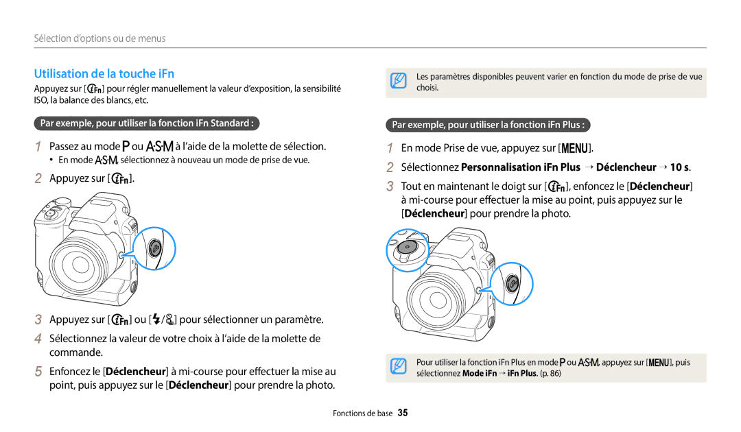 Samsung EC-WB2200BPBFR manual Utilisation de la touche iFn, Passez au mode ou, En mode Prise de vue, appuyez sur m 