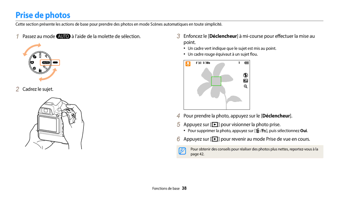 Samsung EC-WB2200BPBFR manual Prise de photos, Appuyez sur P pour revenir au mode Prise de vue en cours 