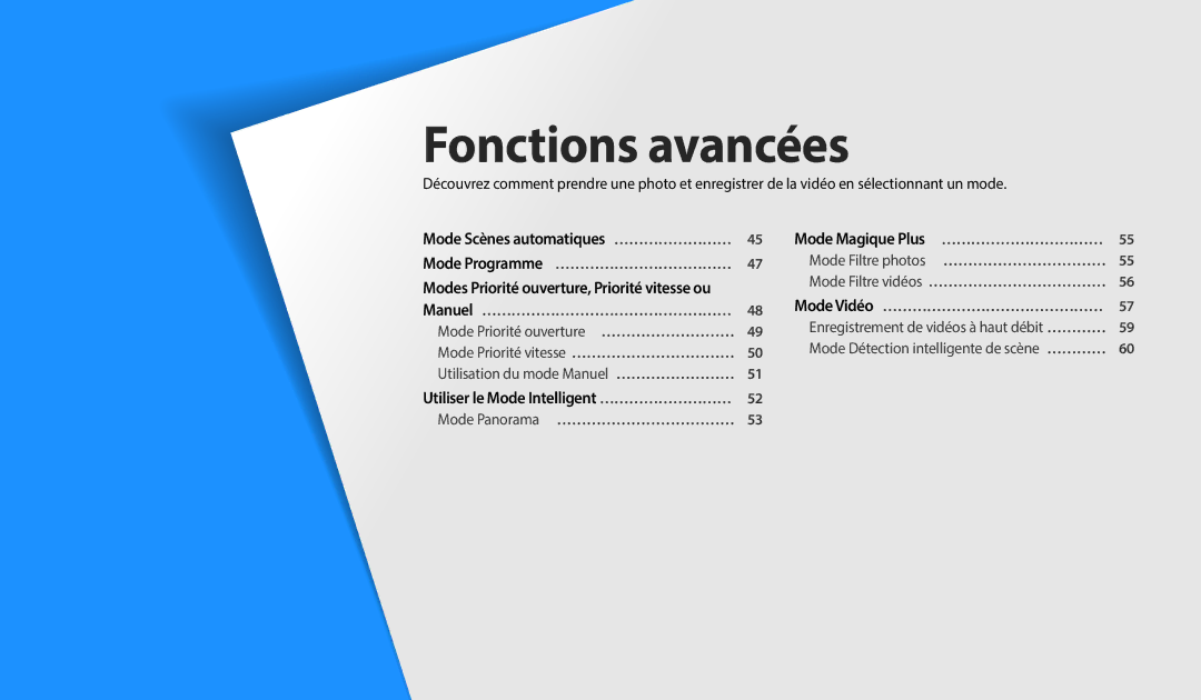 Samsung EC-WB2200BPBFR manual Fonctions avancées, Utiliser le Mode Intelligent ……………………… 