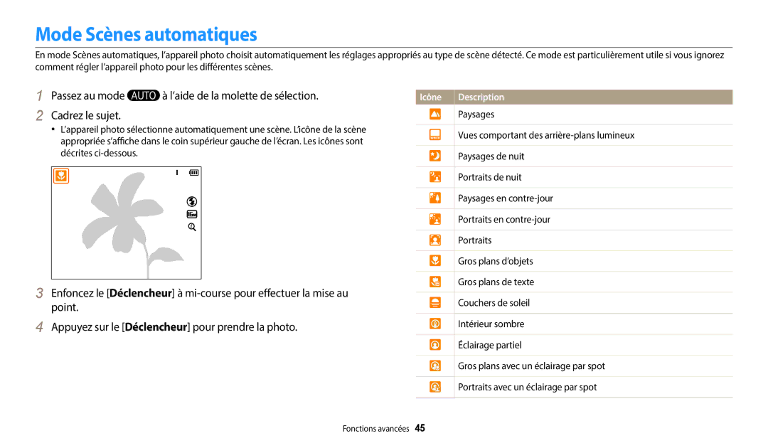 Samsung EC-WB2200BPBFR manual Mode Scènes automatiques, Passez au mode ’aide de la molette de sélection 