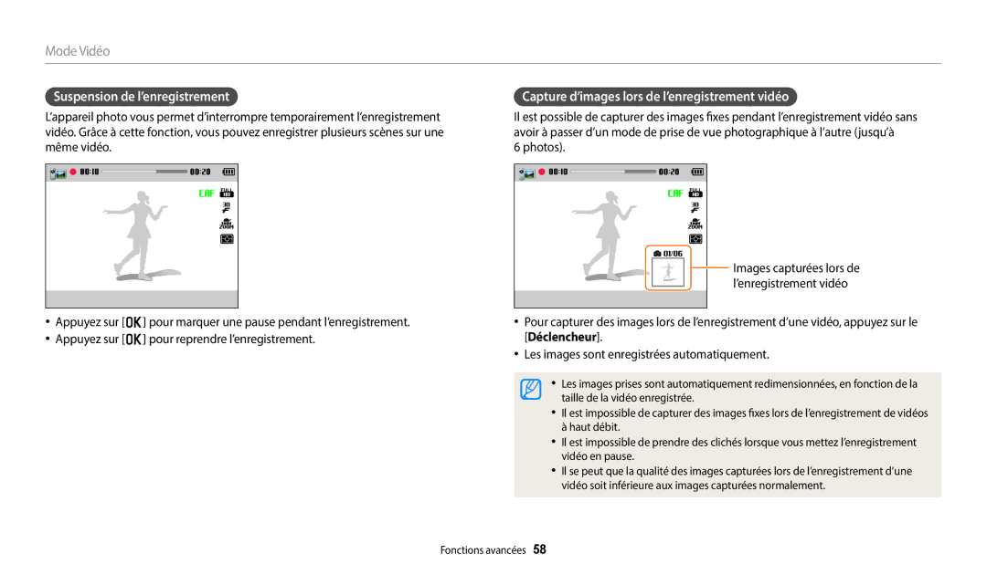 Samsung EC-WB2200BPBFR manual Suspension de l’enregistrement, Capture d’images lors de l’enregistrement vidéo, Photos 