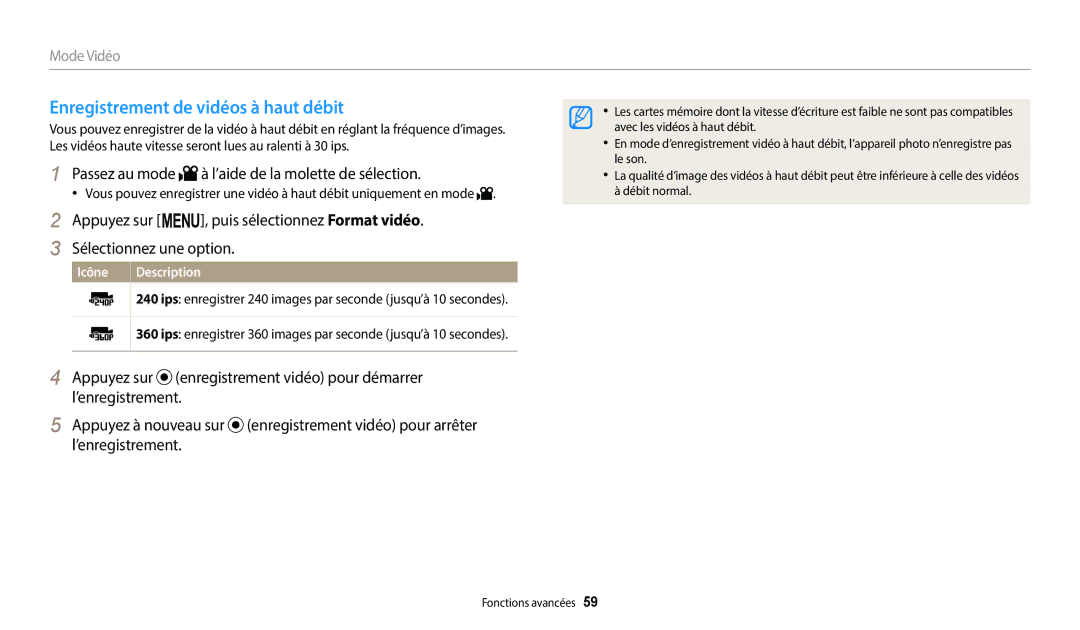 Samsung EC-WB2200BPBFR manual Enregistrement de vidéos à haut débit, Passez au mode à l’aide de la molette de sélection 