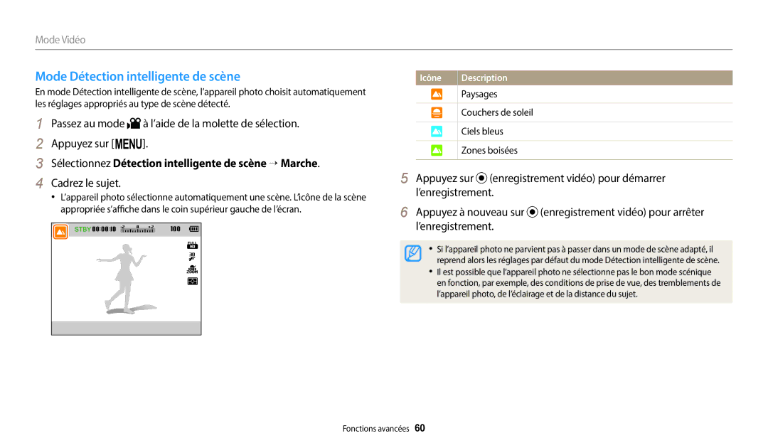 Samsung EC-WB2200BPBFR manual Mode Détection intelligente de scène, Sélectionnez Détection intelligente de scène → Marche 