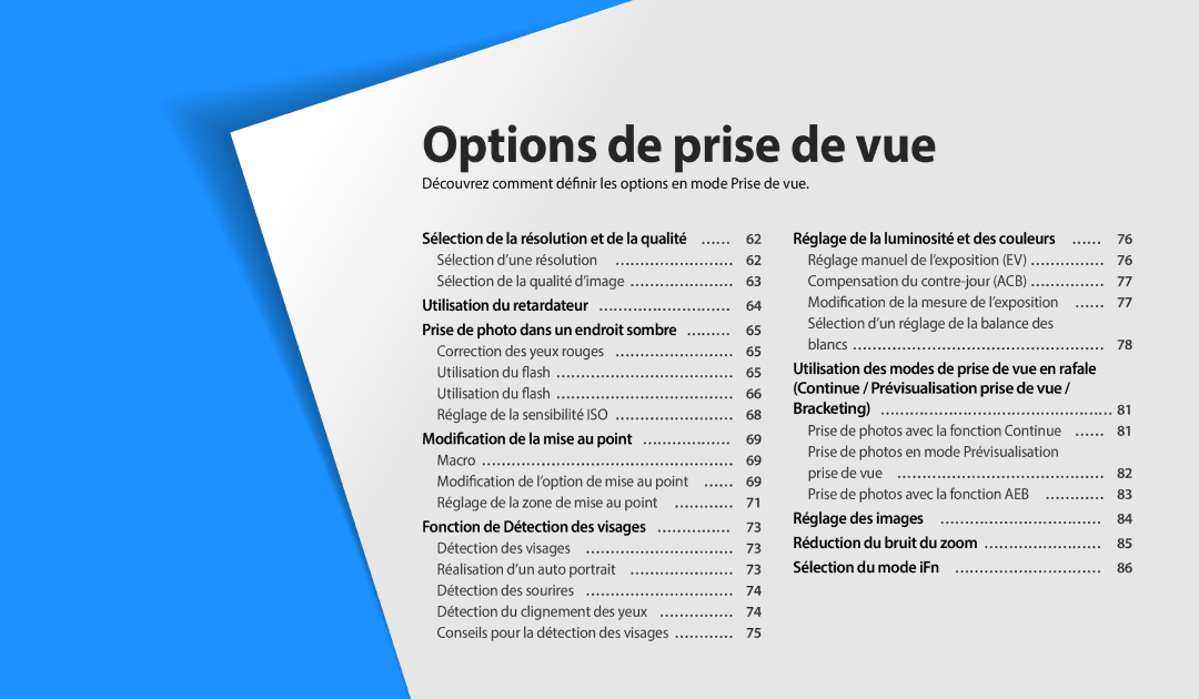 Samsung EC-WB2200BPBFR manual Découvrez comment définir les options en mode Prise de vue 