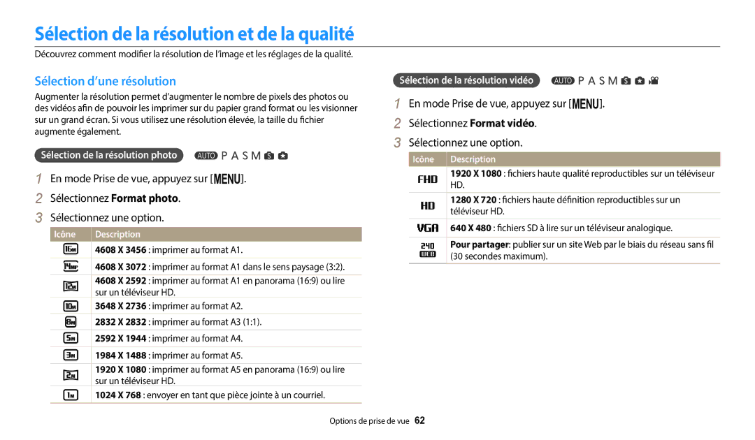 Samsung EC-WB2200BPBFR manual Sélection de la résolution et de la qualité, Sélection d’une résolution 