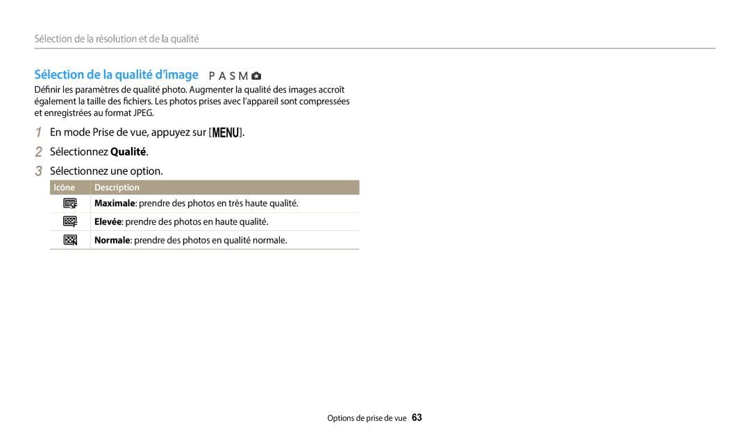 Samsung EC-WB2200BPBFR manual Sélection de la qualité d’image, Maximale prendre des photos en très haute qualité 
