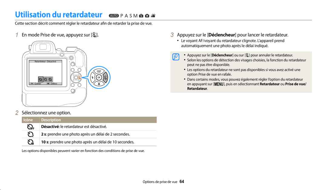 Samsung EC-WB2200BPBFR manual Utilisation du retardateur, En mode Prise de vue, appuyez sur t 