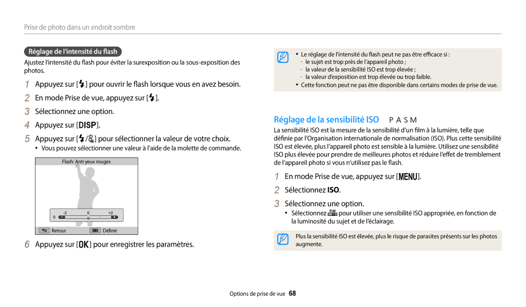 Samsung EC-WB2200BPBFR manual Réglage de la sensibilité ISO, Réglage de l’intensité du flash 