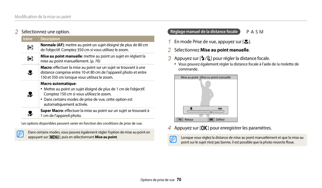 Samsung EC-WB2200BPBFR manual Sélectionnez Mise au point manuelle, Appuyez sur F/t pour régler la distance focale 