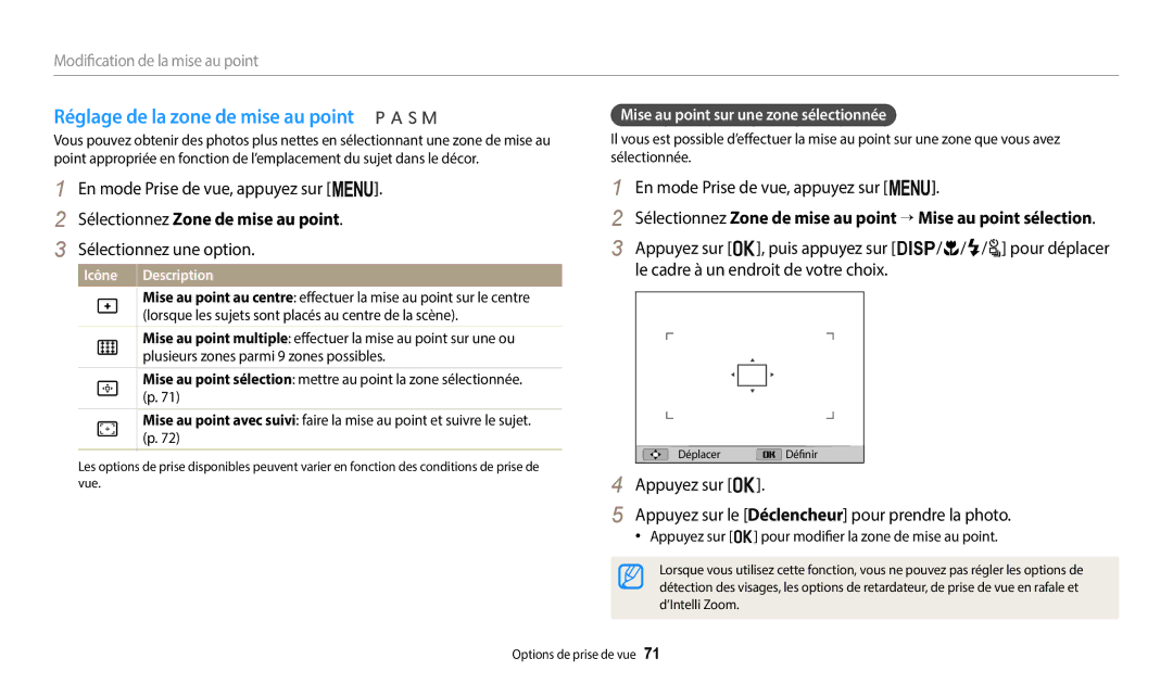 Samsung EC-WB2200BPBFR manual Réglage de la zone de mise au point, Sélectionnez Zone de mise au point 