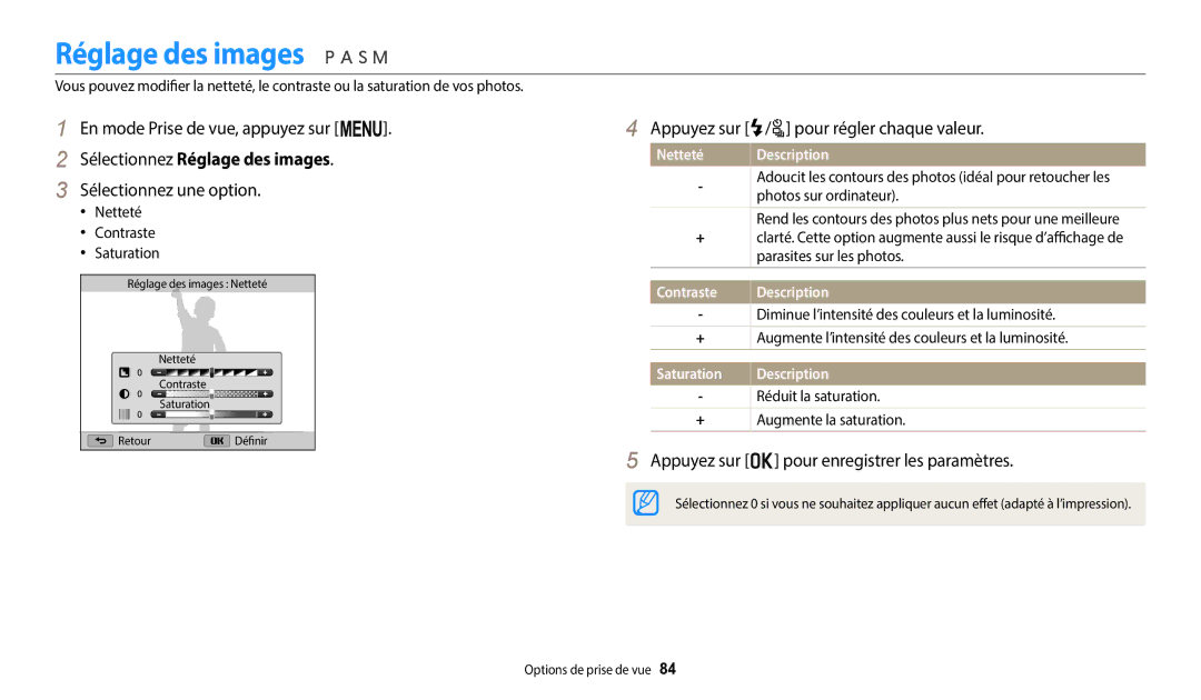 Samsung EC-WB2200BPBFR manual Sélectionnez Réglage des images, Appuyez sur F/t pour régler chaque valeur 