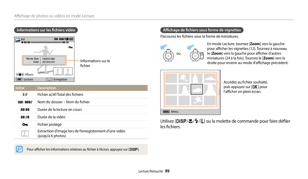 Samsung EC-WB2200BPBFR manual Informations sur les fichiers vidéo, Sous forme de vignettes 