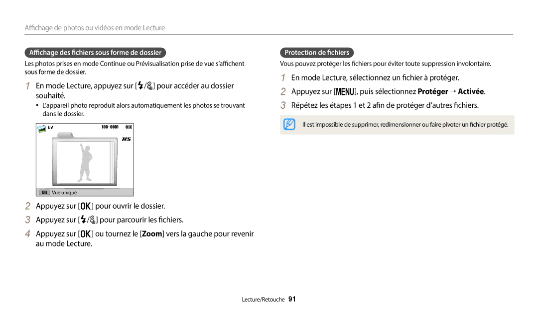 Samsung EC-WB2200BPBFR manual Affichage des fichiers sous forme de dossier, Protection de fichiers 