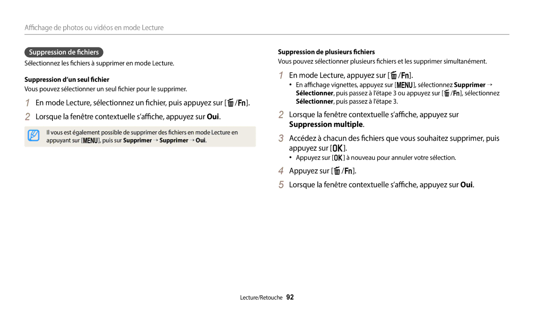 Samsung EC-WB2200BPBFR manual En mode Lecture, appuyez sur f/s, Suppression de fichiers, Suppression d’un seul fichier 