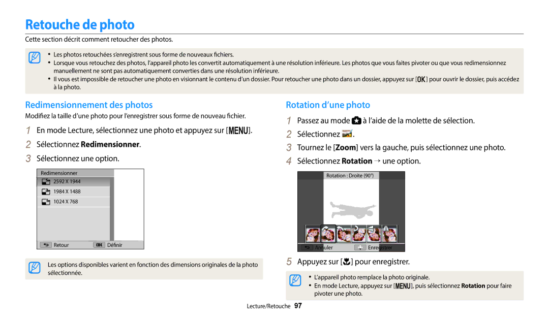 Samsung EC-WB2200BPBFR manual Retouche de photo, Redimensionnement des photos, Rotation d’une photo 