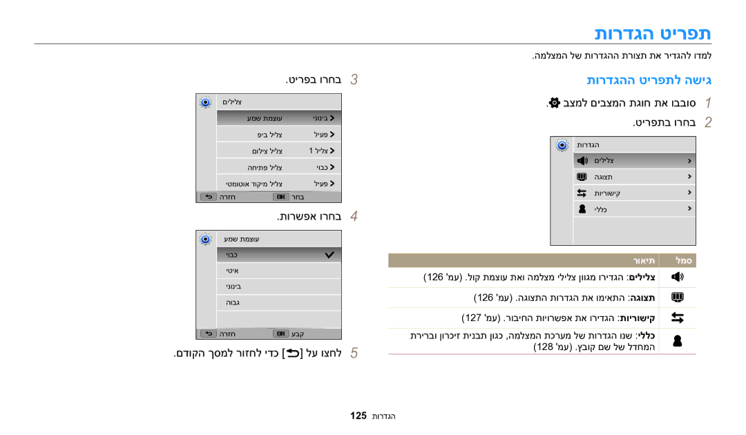 Samsung EC-WB2200BPBIL manual תורדגה טירפת, תורדגהה טירפתל השיג, תורשפא ורחב4, םדוקה ךסמל רוזחל ידכ r לע וצחל5 