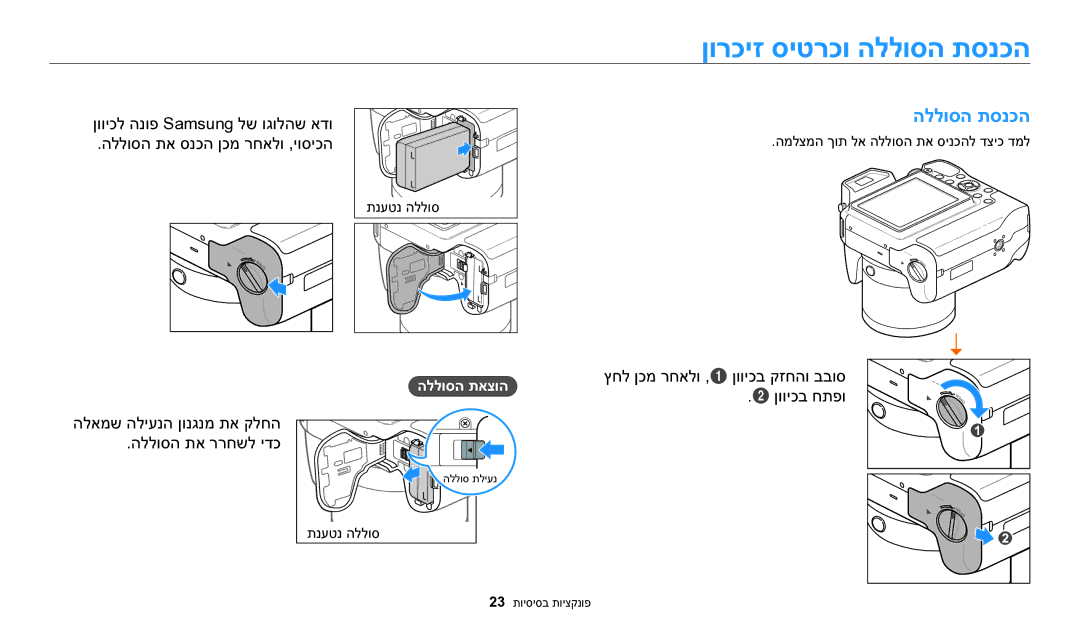 Samsung EC-WB2200BPBIL manual ןורכיז סיטרכו הללוסה תסנכה, הלאמש הליענה ןונגנמ תא קלחה הללוסה תא ררחשל ידכ, הללוסה תאצוה 