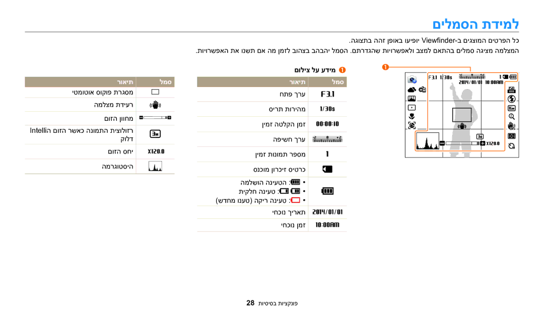 Samsung EC-WB2200BPBIL manual םילמסה תדימל, רואית םוליצ לע עדימ למס 