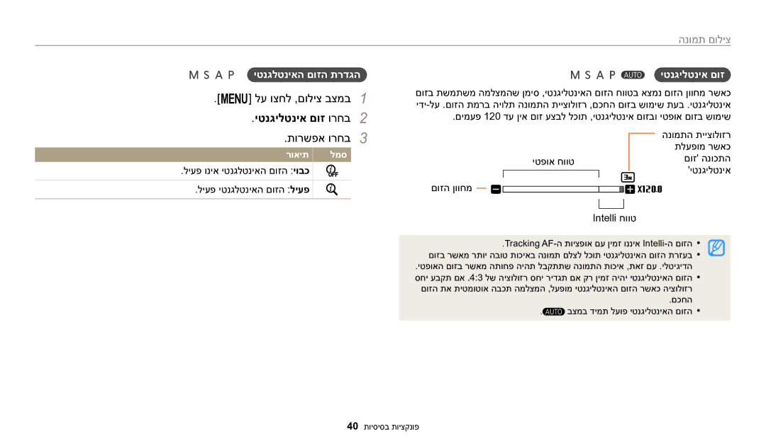 Samsung EC-WB2200BPBIL manual לע וצחל ,םוליצ בצמב1, יטנגילטניא םוז ורחב2, יטנגלטניאה םוזה תרדגה יטנגילטניא םוז, רואית למס 