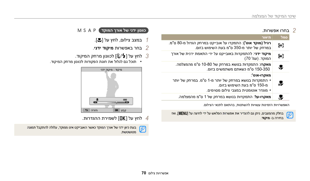 Samsung EC-WB2200BPBIL manual תורדגהה תרימשל o לע ץחל4, שינוי המיקוד של המצלמה, דקומה ךרוא לש ינדי ןונווכ, טוא-ורקאמ 