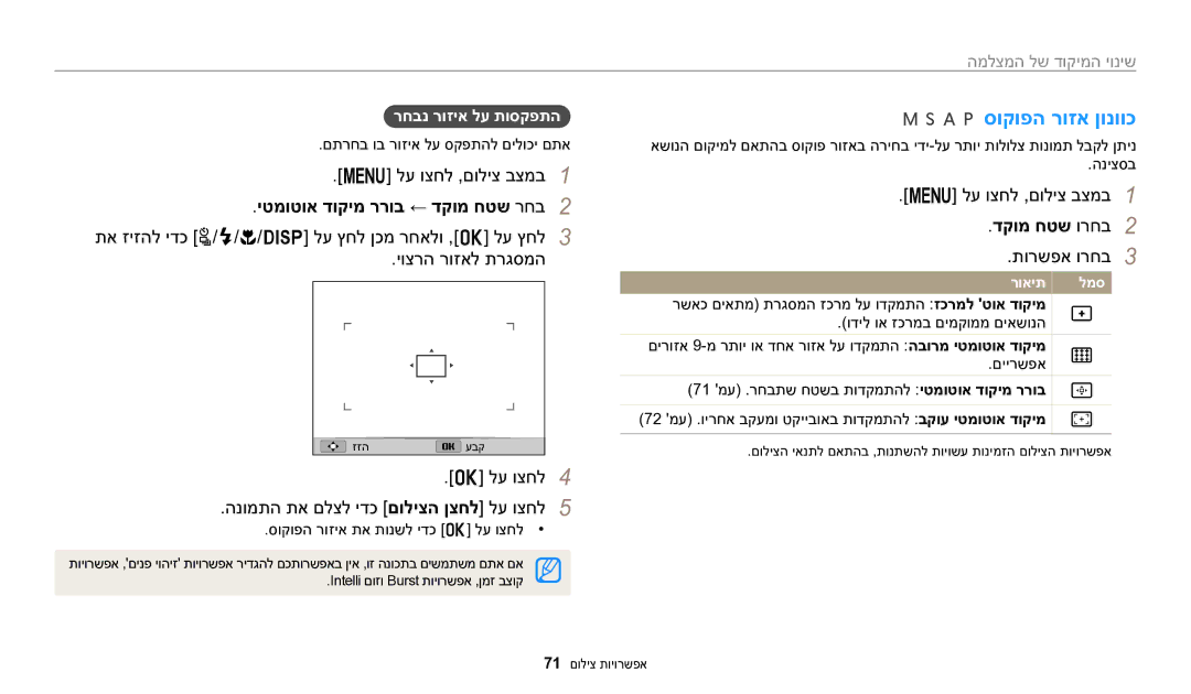 Samsung EC-WB2200BPBIL manual סוקופה רוזא ןונווכ, יטמוטוא דוקימ ררוב ← דקומ חטש רחב2, דקומ חטש ורחב2, רחבנ רוזיא לע תוסקפתה 