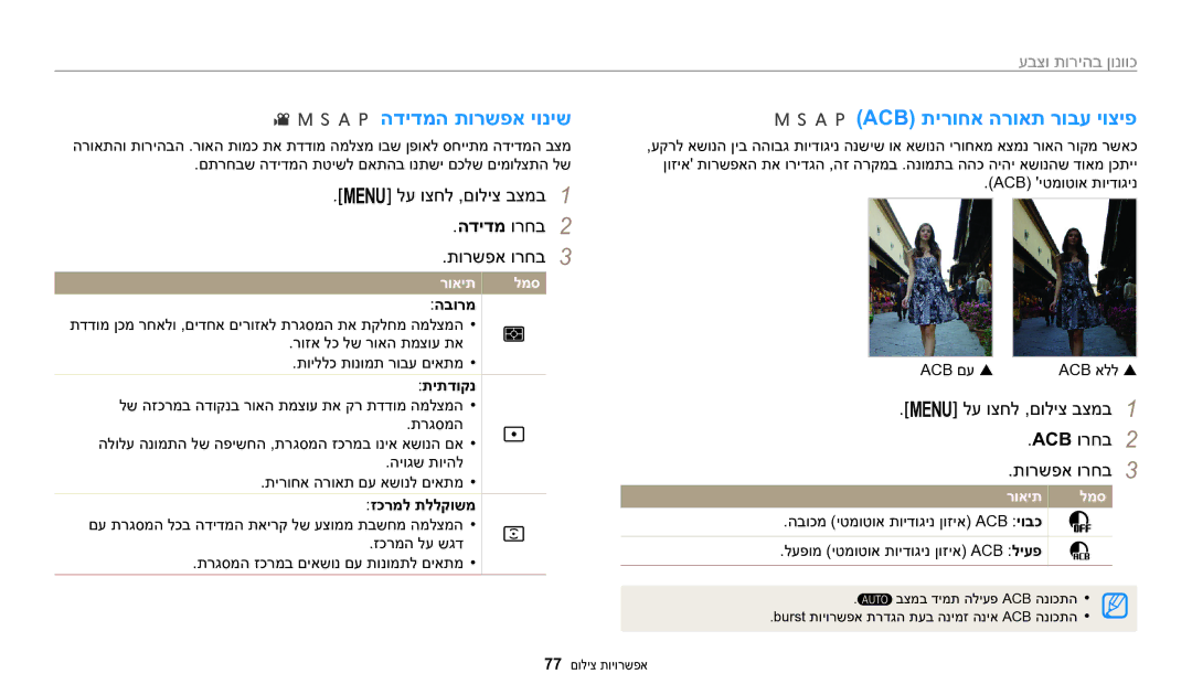 Samsung EC-WB2200BPBIL manual הדידמה תורשפא יוניש, Acb תירוחא הרואת רובע יוציפ, הדידמ ורחב2, כוונון בהירות וצבע 