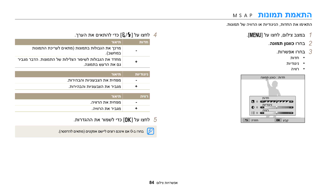 Samsung EC-WB2200BPBIL manual תונומת תמאתה, ךרעה תא םיאתהל ידכ t/F לע וצחל4, הנומת ןונווכ ורחב2 