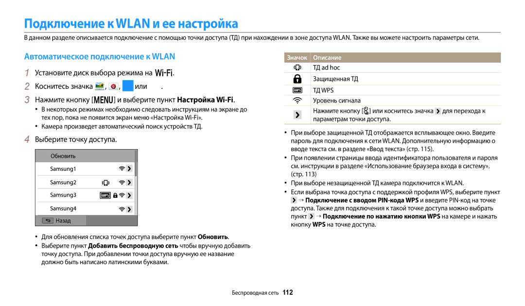 Samsung EC-WB251FBPBRU, EC-WB250FBPBE2, EC-WB250FBPWE2, EC-WB250FFPWE2, EC-WB250FFPBE2 manual Подключение к Wlan и ее настройка 