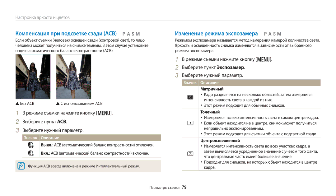 Samsung EC-WB250FBPBE2 manual Компенсация при подсветке сзади ACB p a h M, Изменение режима экспозамера p a h M, Матричный 