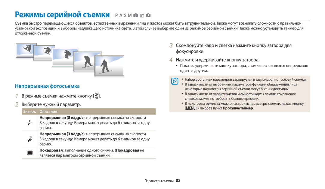 Samsung EC-WB250FBPRE2, EC-WB250FBPBE2 manual Режимы серийной съемки p a h M s i g, Непрерывная фотосъемка, Фокусировки 