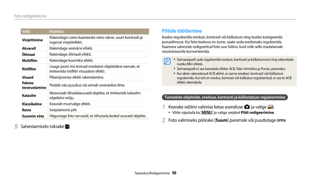 Samsung EC-WB250FBPRE2 Piltide töötlemine, Foto valimiseks pöörake Suum paremale või puudutage, Tugevat vinjetiefekti 