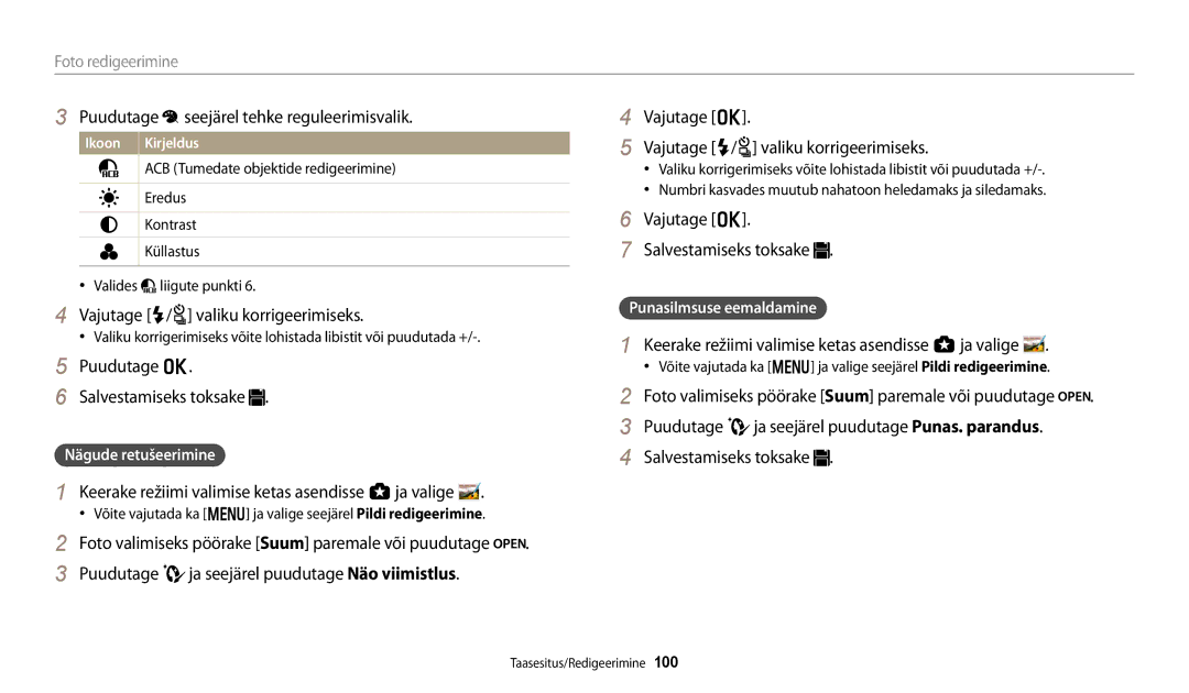 Samsung EC-WB250FFPRE2, EC-WB250FBPBE2 Puudutage seejärel tehke reguleerimisvalik, Vajutage F/t valiku korrigeerimiseks 