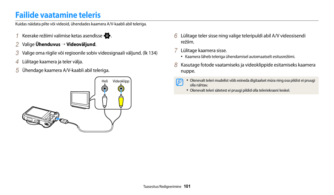 Samsung EC-WB250FBPBE2, EC-WB250FBPWE2, EC-WB250FFPWE2 manual Failide vaatamine teleris, Valige Ühenduvus “ Videoväljund 