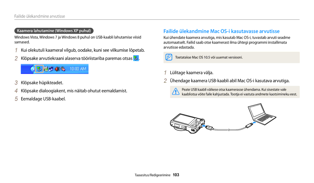 Samsung EC-WB250FFPWE2 manual Failide ülekandmine Mac OS-i kasutavasse arvutisse, Kaamera lahutamine Windows XP puhul 