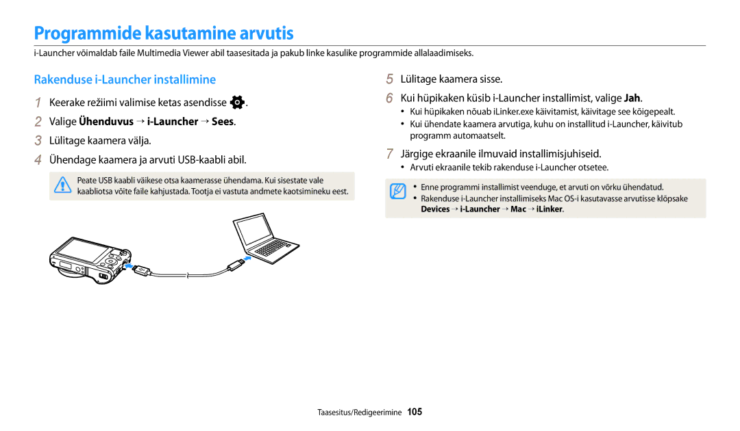 Samsung EC-WB250FBPRE2, EC-WB250FBPBE2, EC-WB250FBPWE2 Programmide kasutamine arvutis, Rakenduse i-Launcher installimine 