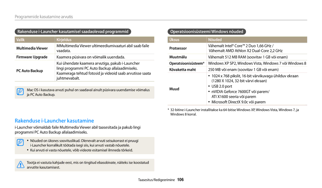 Samsung EC-WB250FFPRE2 manual Rakenduse i-Launcher kasutamine, Rakenduse i-Launcher kasutamisel saadaolevad programmid 