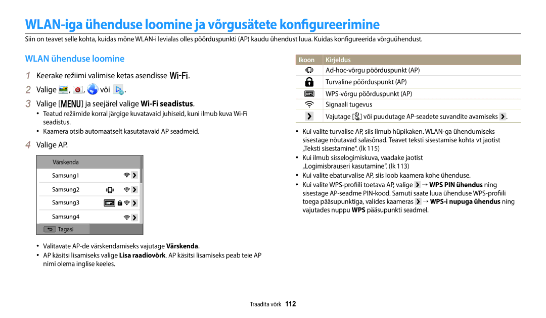 Samsung EC-WB250FFPRE2 manual WLAN-iga ühenduse loomine ja võrgusätete konfigureerimine, Wlan ühenduse loomine, Valige AP 