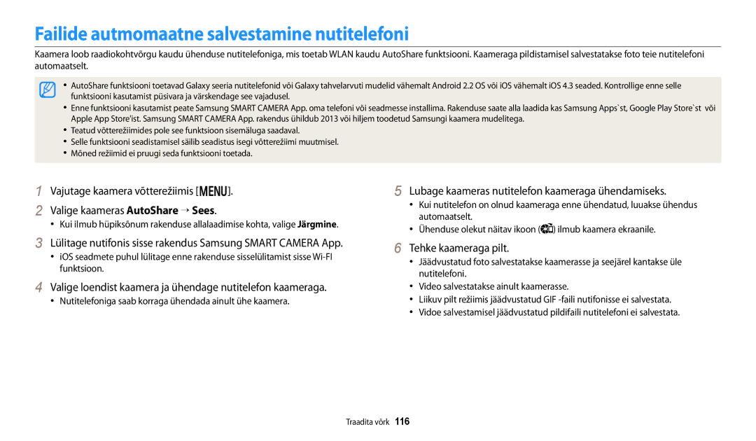 Samsung EC-WB250FFPBE2 Failide autmomaatne salvestamine nutitelefoni, Lubage kaameras nutitelefon kaameraga ühendamiseks 