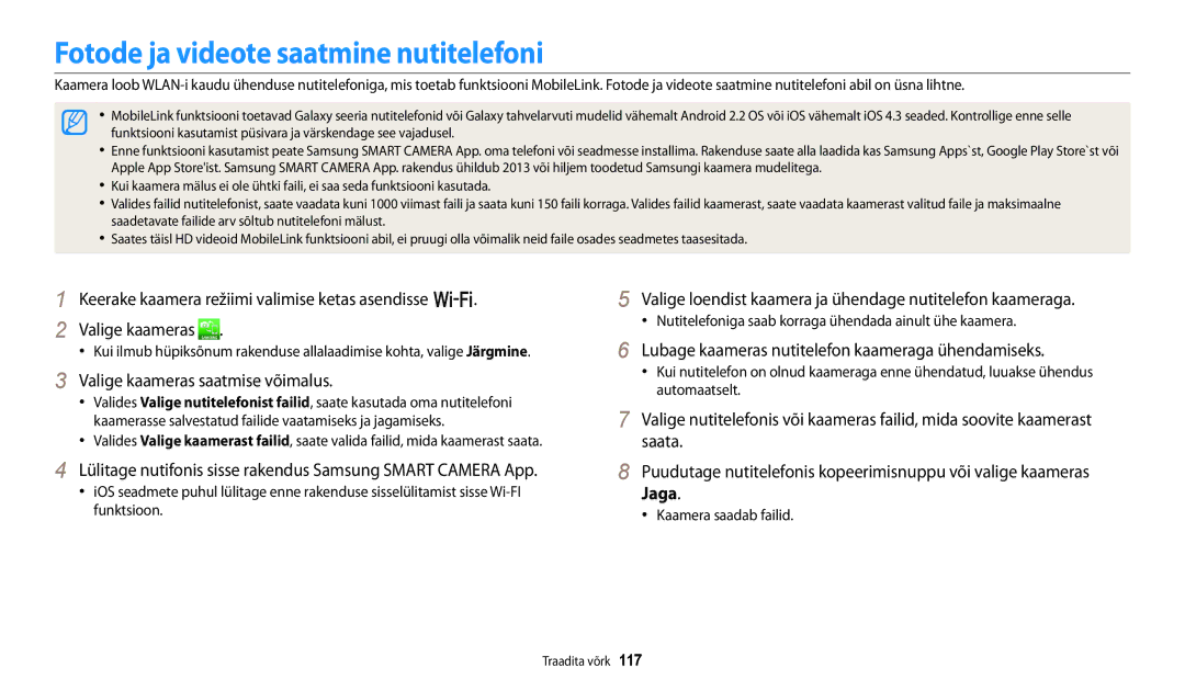 Samsung EC-WB250FBPRE2 Fotode ja videote saatmine nutitelefoni, Valige kaameras saatmise võimalus, Kaamera saadab failid 