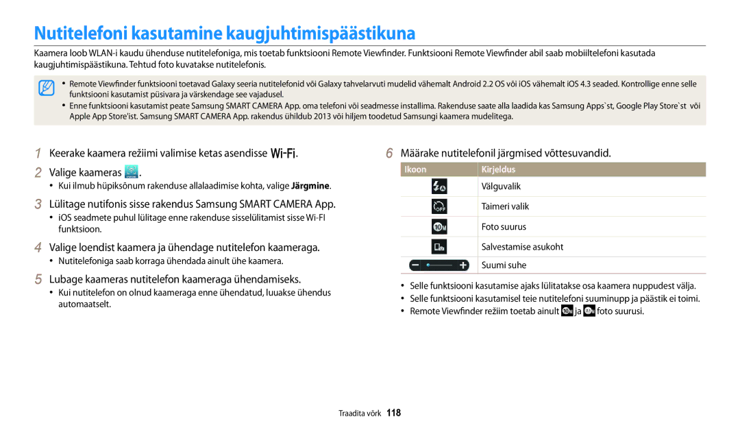 Samsung EC-WB250FFPRE2 manual Nutitelefoni kasutamine kaugjuhtimispäästikuna, Määrake nutitelefonil järgmised võttesuvandid 