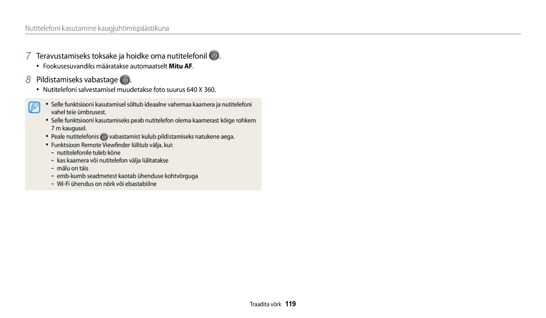 Samsung EC-WB250FBPBE2, EC-WB250FBPWE2 manual Teravustamiseks toksake ja hoidke oma nutitelefonil, Pildistamiseks vabastage 