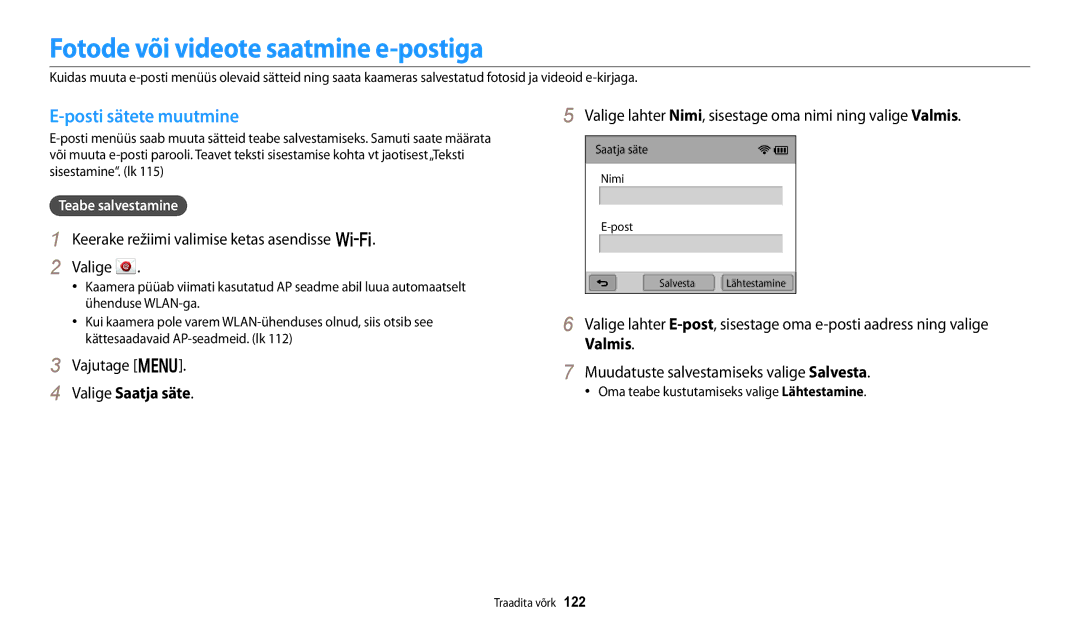 Samsung EC-WB250FFPBE2, EC-WB250FBPBE2 Fotode või videote saatmine e-postiga, Posti sätete muutmine, Valige Saatja säte 