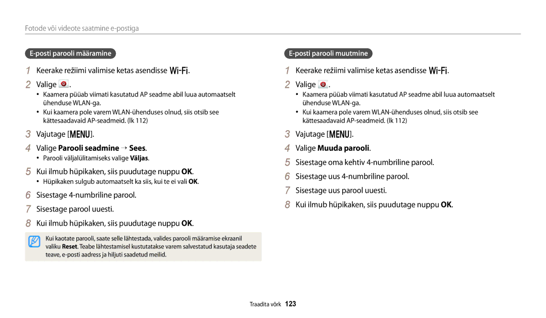 Samsung EC-WB250FBPRE2 Valige Parooli seadmine “ Sees, Kui ilmub hüpikaken, siis puudutage nuppu OK, Valige Muuda parooli 