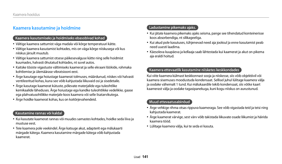 Samsung EC-WB250FBPRE2, EC-WB250FBPBE2, EC-WB250FBPWE2, EC-WB250FFPWE2, EC-WB250FFPBE2 manual Kaamera kasutamine ja hoidmine 